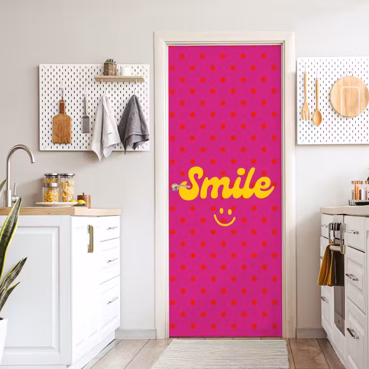 Deursticker - Smile - Stippen - Geel - Smiley - Roze — 7
