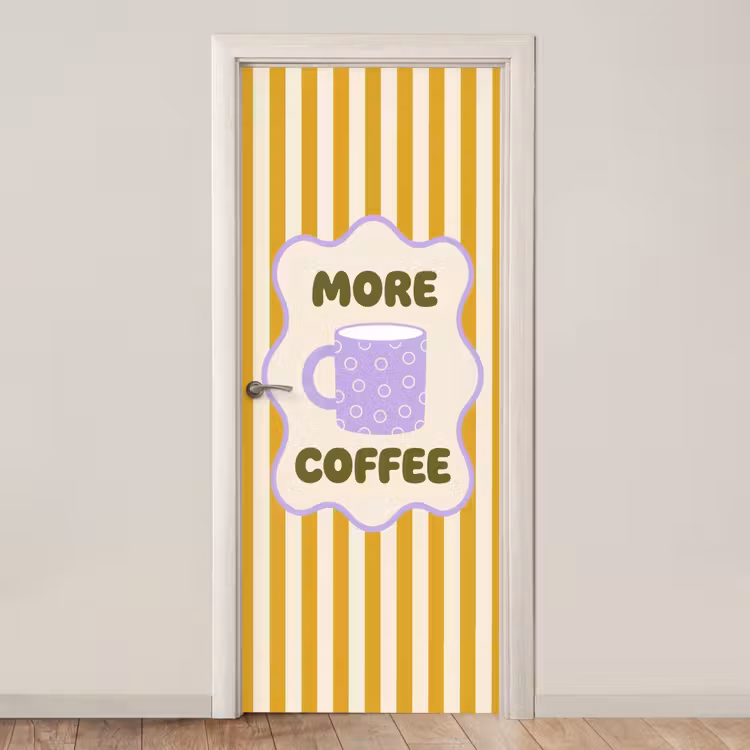 Deursticker - More coffee - Geel - Paars - Strepen - Mok — 1