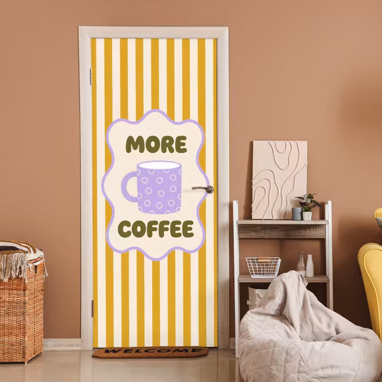 Deursticker - More coffee - Geel - Paars - Strepen - Mok — 2