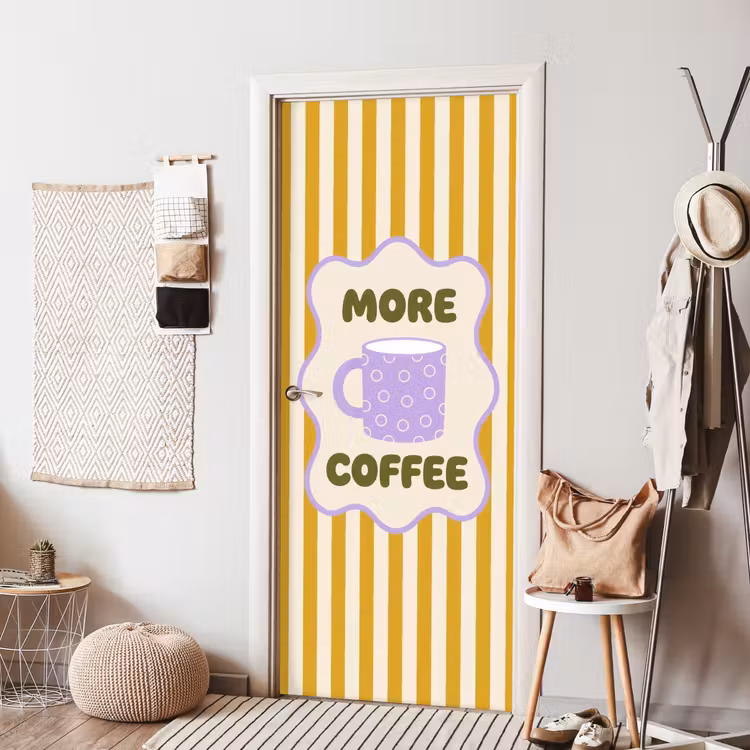 Deursticker - More coffee - Geel - Paars - Strepen - Mok — 8