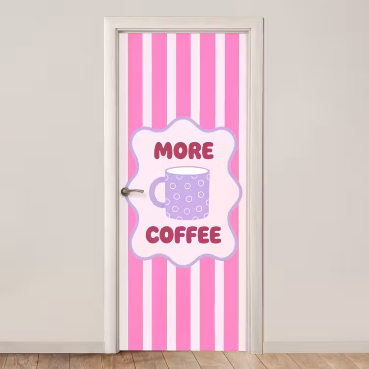 Deursticker - More coffee - Roze - Paars - Strepen - Mok — 1