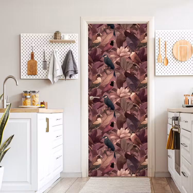 Deursticker - Vogels - Bladeren - Roze — 7