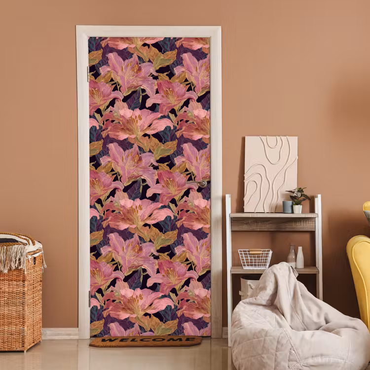 Deursticker - Lelies - Patroon - Roze - Goud — 2