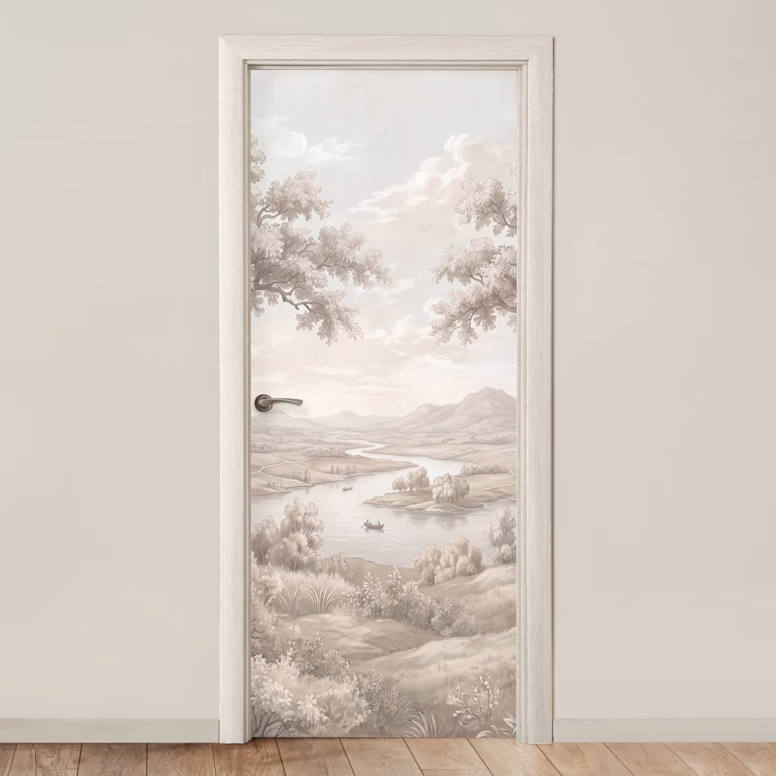 Deursticker - Rivierlandschap - Bergen - Natuur - Vintage - Beige — 1