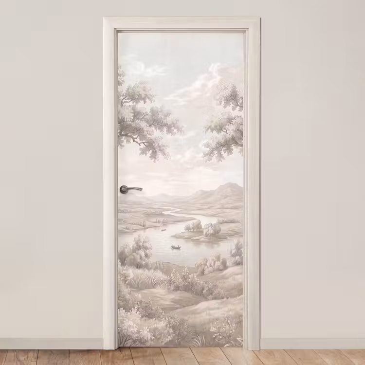 Deursticker - Rivierlandschap - Bergen - Natuur - Vintage - Beige — 1