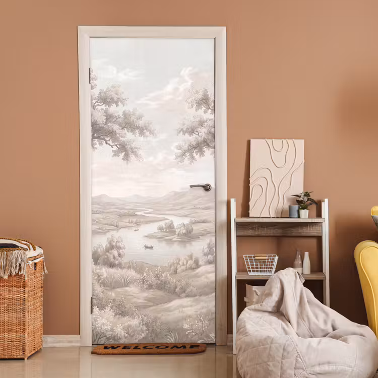 Deursticker - Rivierlandschap - Bergen - Natuur - Vintage - Beige — 2