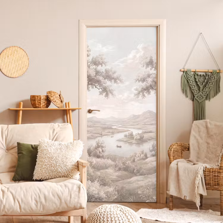Deursticker - Rivierlandschap - Bergen - Natuur - Vintage - Beige — 4