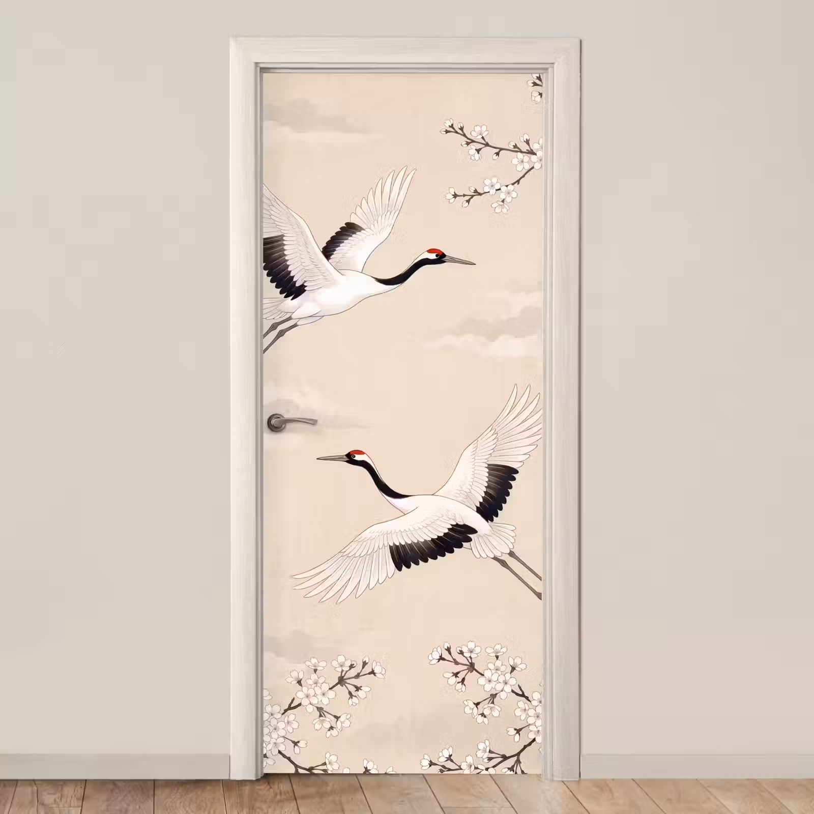 Deursticker - Kraanvogels - Bloesem - Beige — 1
