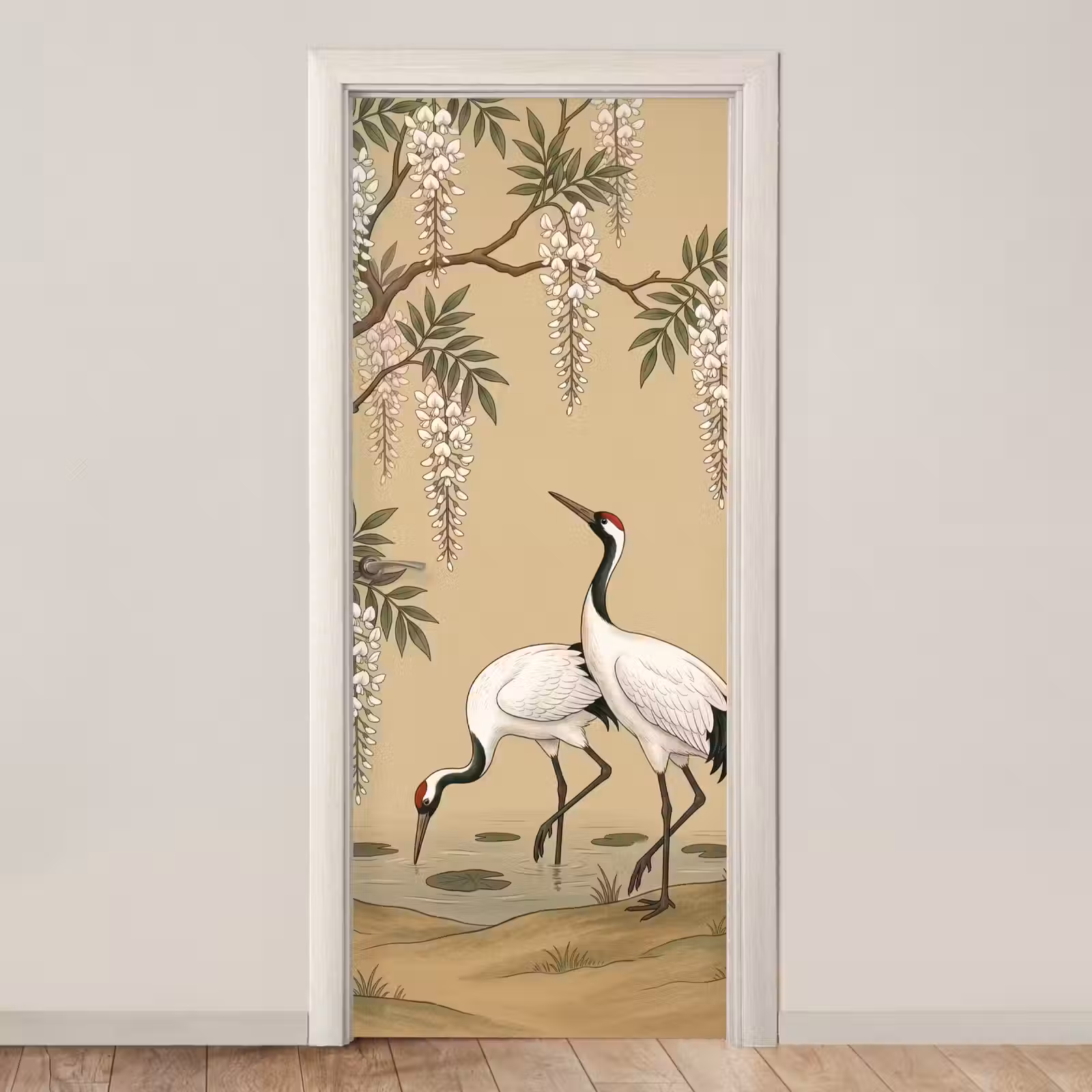 Deursticker - Kraanvogels - Water - Beige — 1