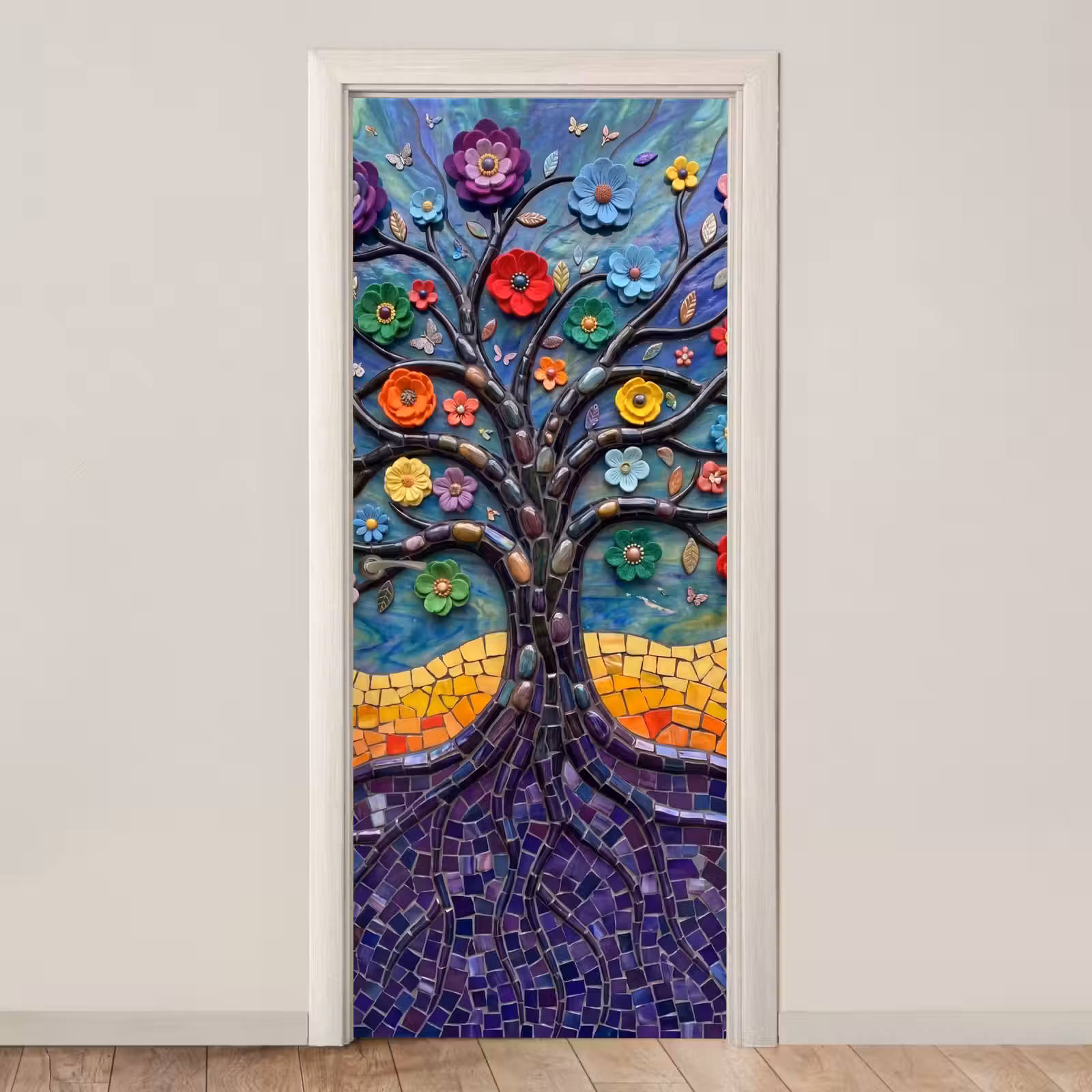 Deursticker - Levensboom - Mozaïek - Bloemen - Kleurrijk - Vrolijk — 1