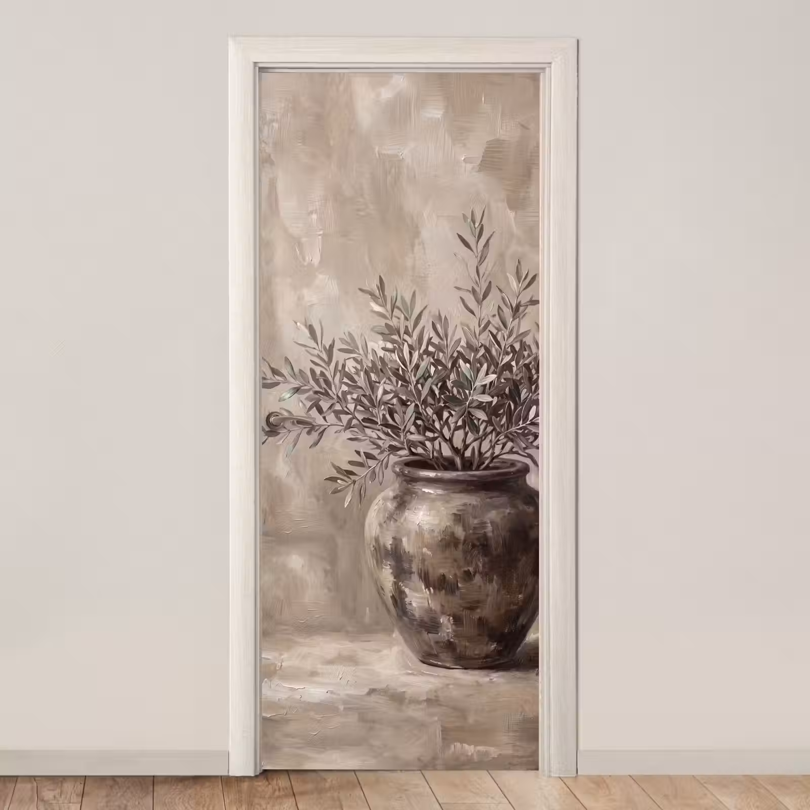 Deursticker - Olijfplant - Aardenpot - Abstract - Beige — 1