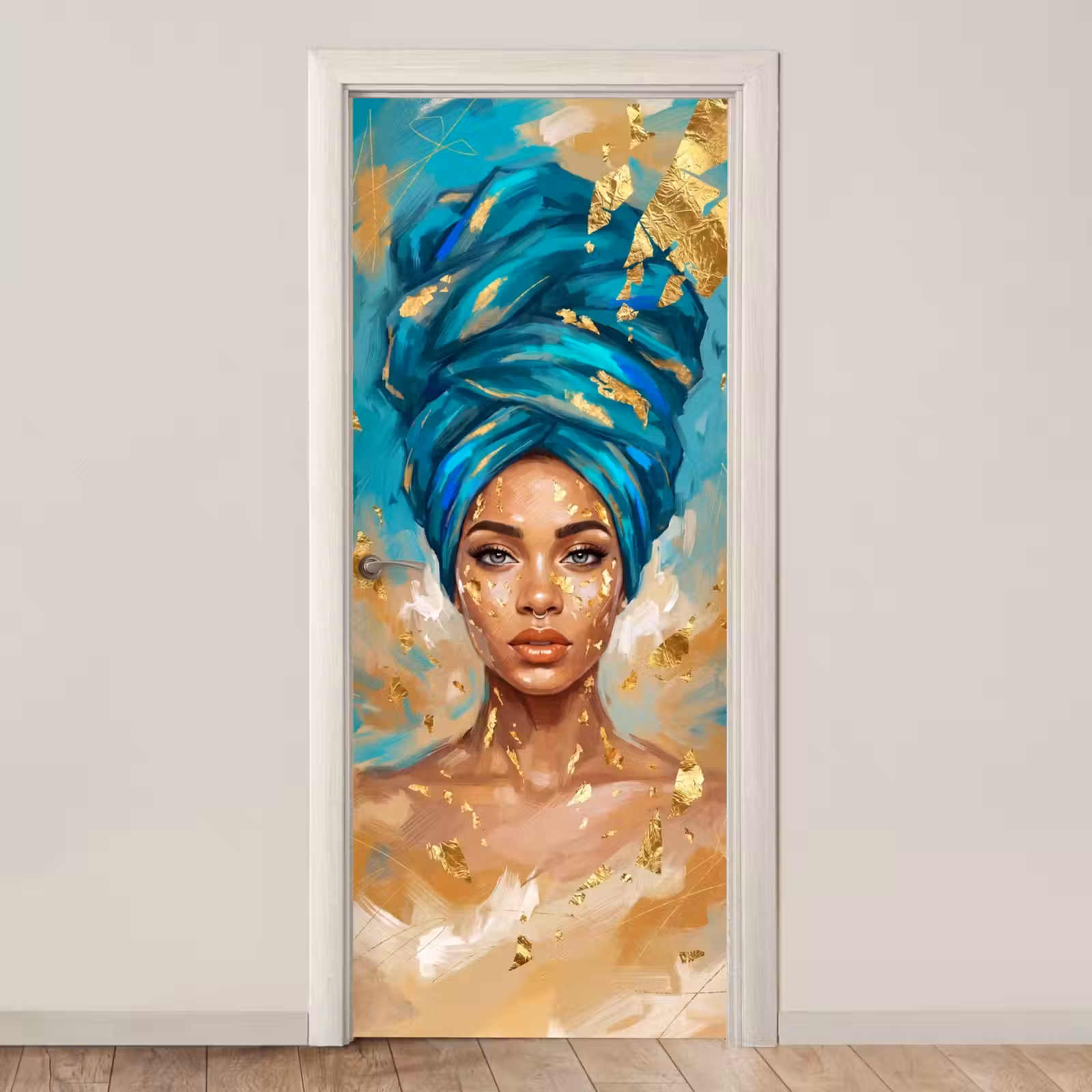 Deursticker - Portret - Vrouw - Schilderij - Blauw - Goud - Expressief — 1