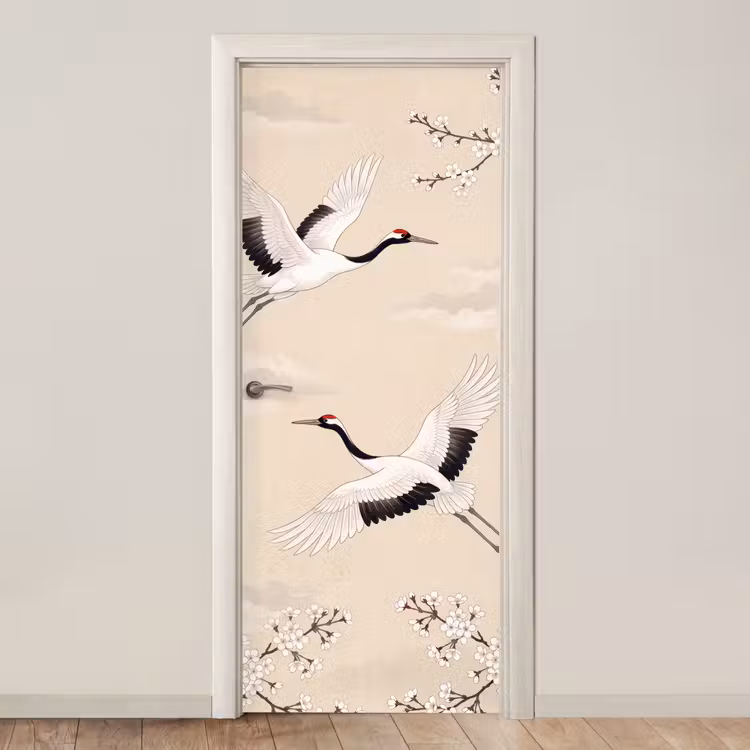 Deursticker - Kraanvogels - Bloesem - Beige — 1