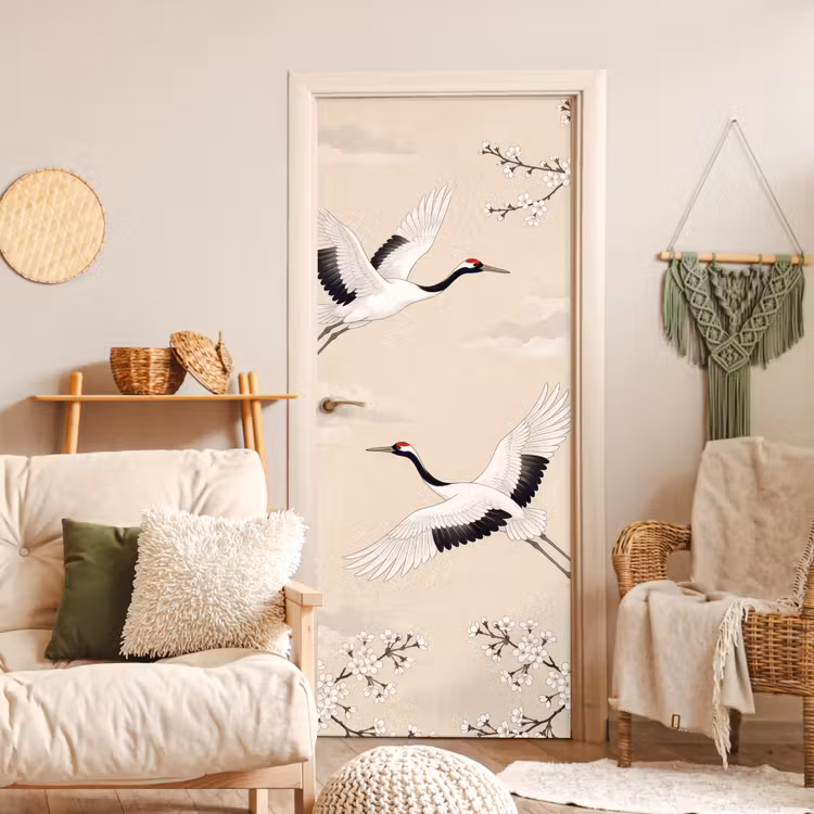 Deursticker - Kraanvogels - Bloesem - Beige — 4