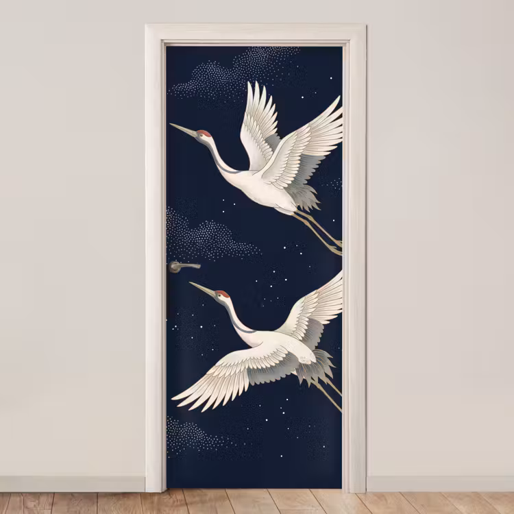 Deursticker - Kraanvogels - Nachthemel - Blauw — 1