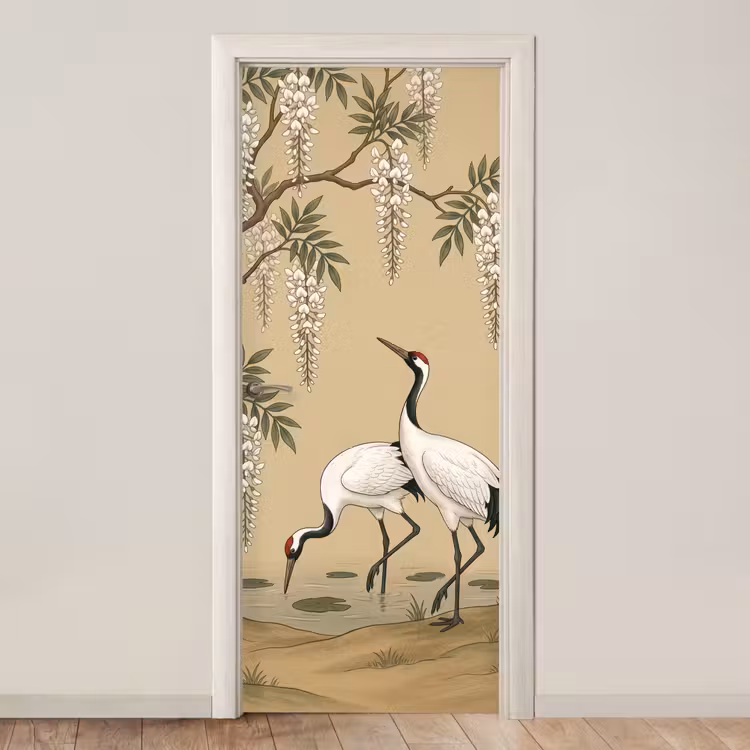 Deursticker - Kraanvogels - Water - Beige — 1