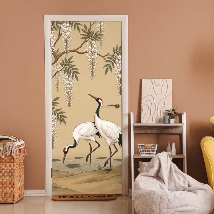 Deursticker - Kraanvogels - Water - Beige — 2