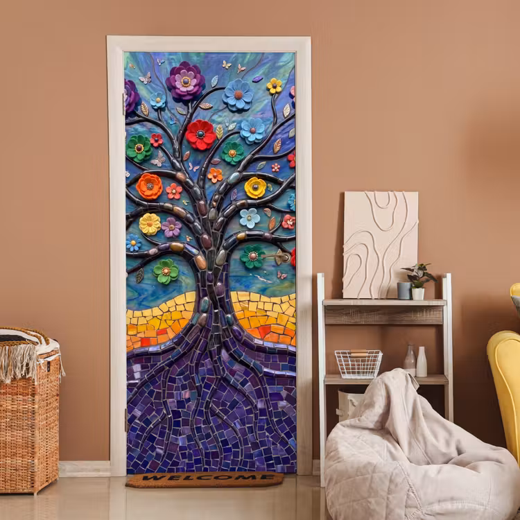 Deursticker - Levensboom - Mozaïek - Bloemen - Kleurrijk - Vrolijk — 2