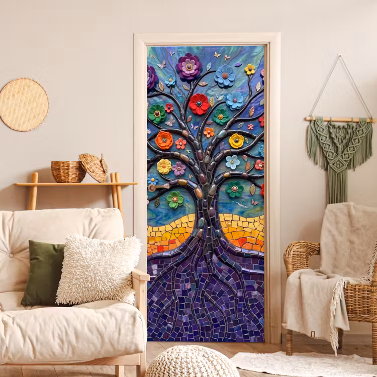 Deursticker - Levensboom - Mozaïek - Bloemen - Kleurrijk - Vrolijk — 4