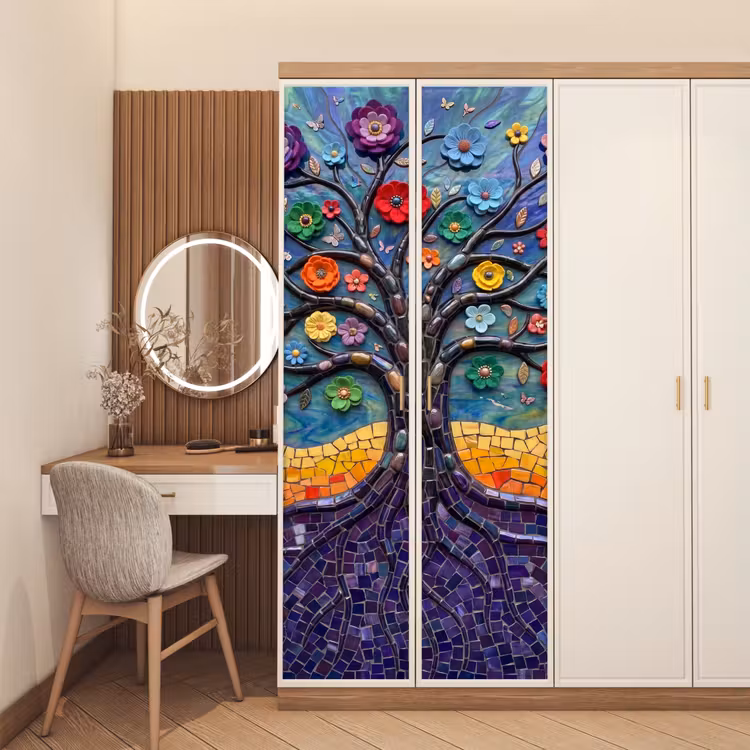 Deursticker - Levensboom - Mozaïek - Bloemen - Kleurrijk - Vrolijk — 5