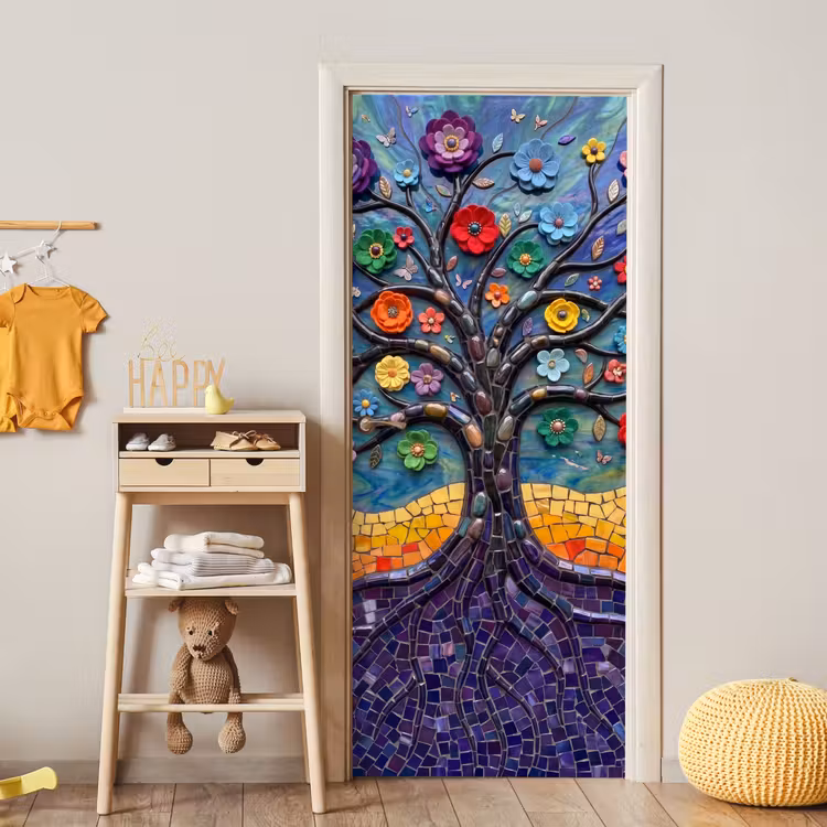 Deursticker - Levensboom - Mozaïek - Bloemen - Kleurrijk - Vrolijk — 6