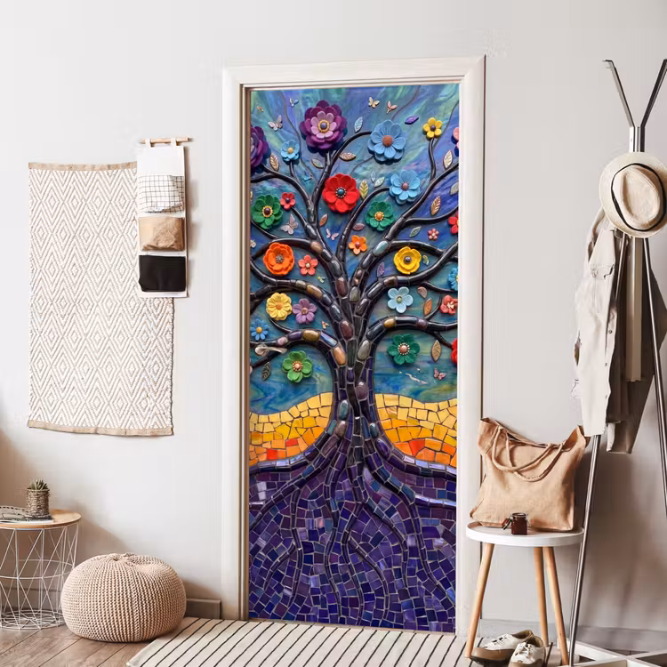 Deursticker - Levensboom - Mozaïek - Bloemen - Kleurrijk - Vrolijk — 8