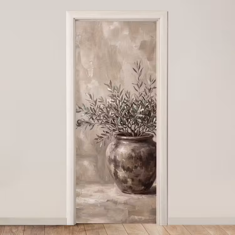 Deursticker - Olijfplant - Aardenpot - Abstract - Beige — 1