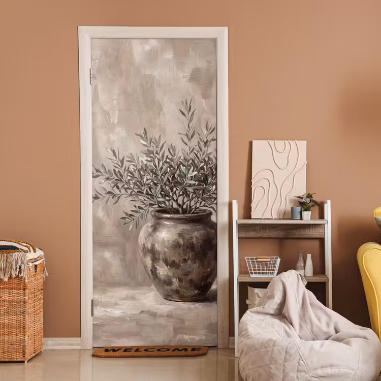 Deursticker - Olijfplant - Aardenpot - Abstract - Beige — 2