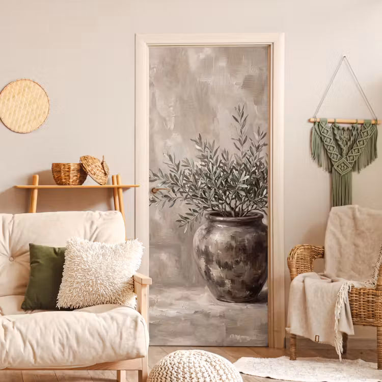 Deursticker - Olijfplant - Aardenpot - Abstract - Beige — 4