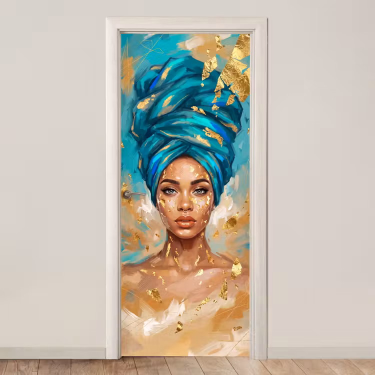 Deursticker - Portret - Vrouw - Schilderij - Blauw - Goud - Expressief — 1