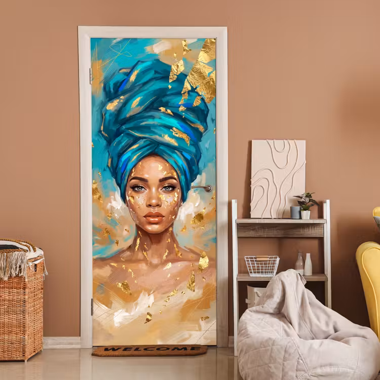 Deursticker - Portret - Vrouw - Schilderij - Blauw - Goud - Expressief — 2