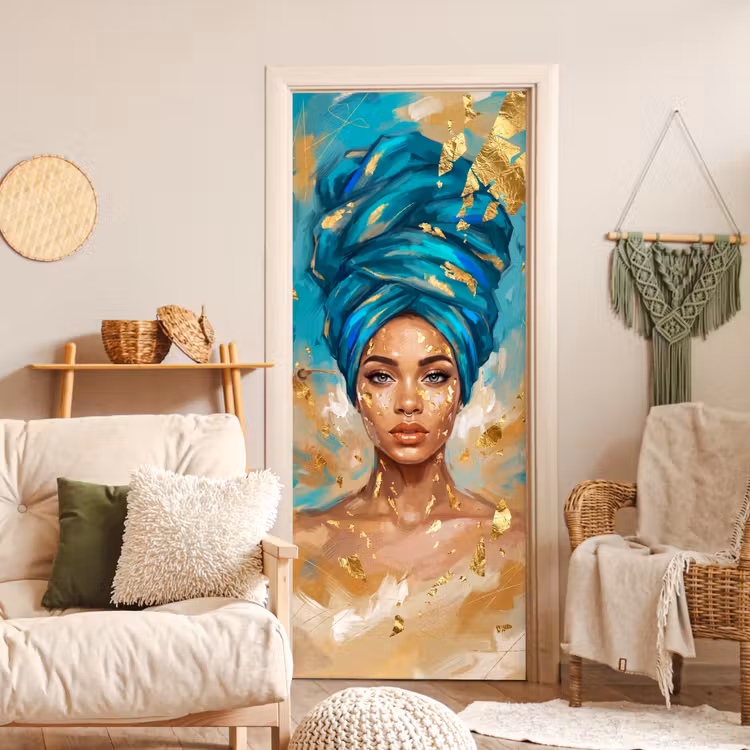 Deursticker - Portret - Vrouw - Schilderij - Blauw - Goud - Expressief — 4