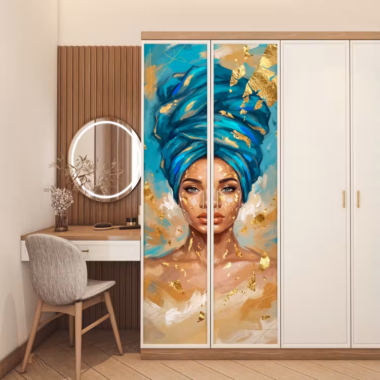 Deursticker - Portret - Vrouw - Schilderij - Blauw - Goud - Expressief — 5
