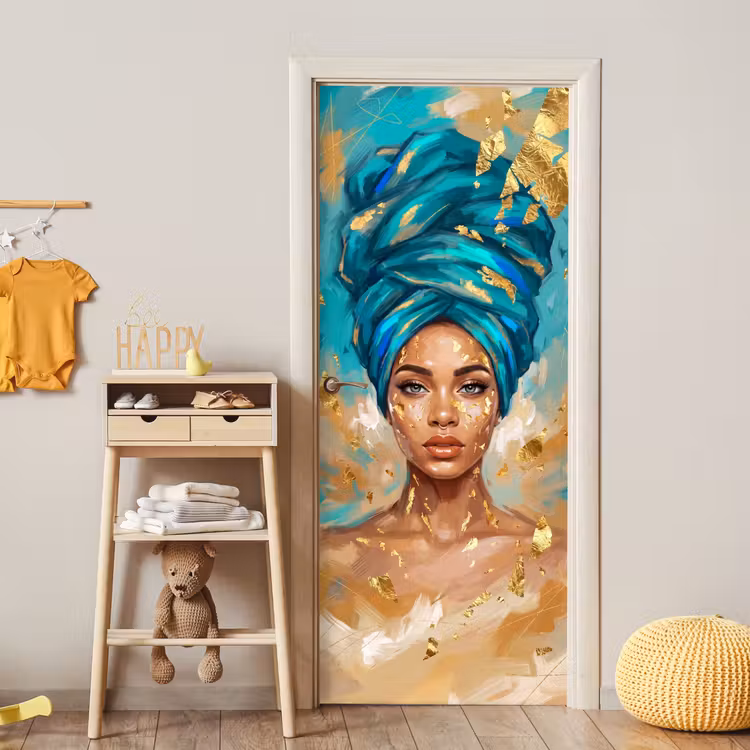 Deursticker - Portret - Vrouw - Schilderij - Blauw - Goud - Expressief — 6