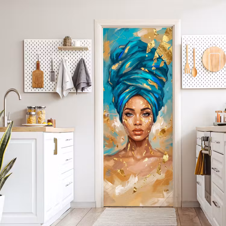 Deursticker - Portret - Vrouw - Schilderij - Blauw - Goud - Expressief — 7