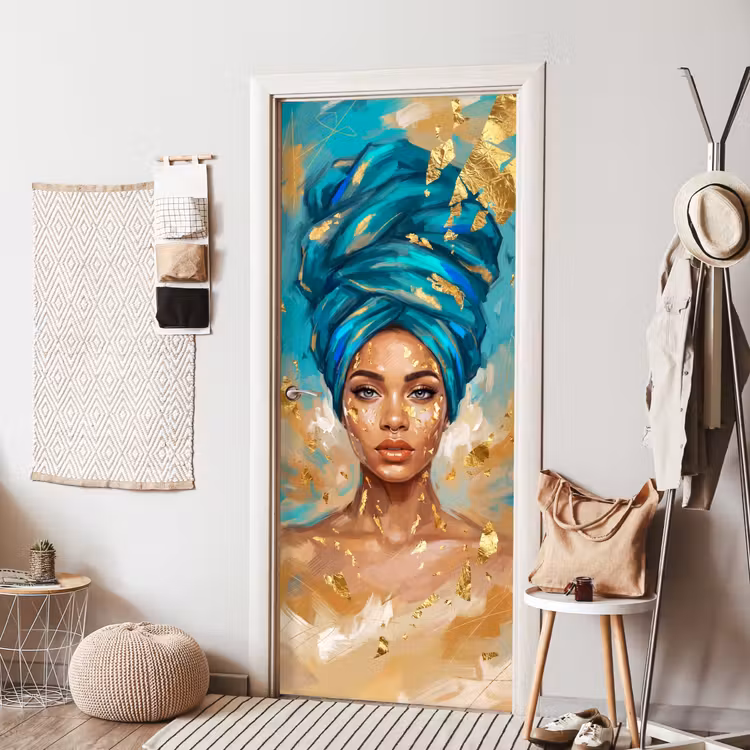 Deursticker - Portret - Vrouw - Schilderij - Blauw - Goud - Expressief — 8