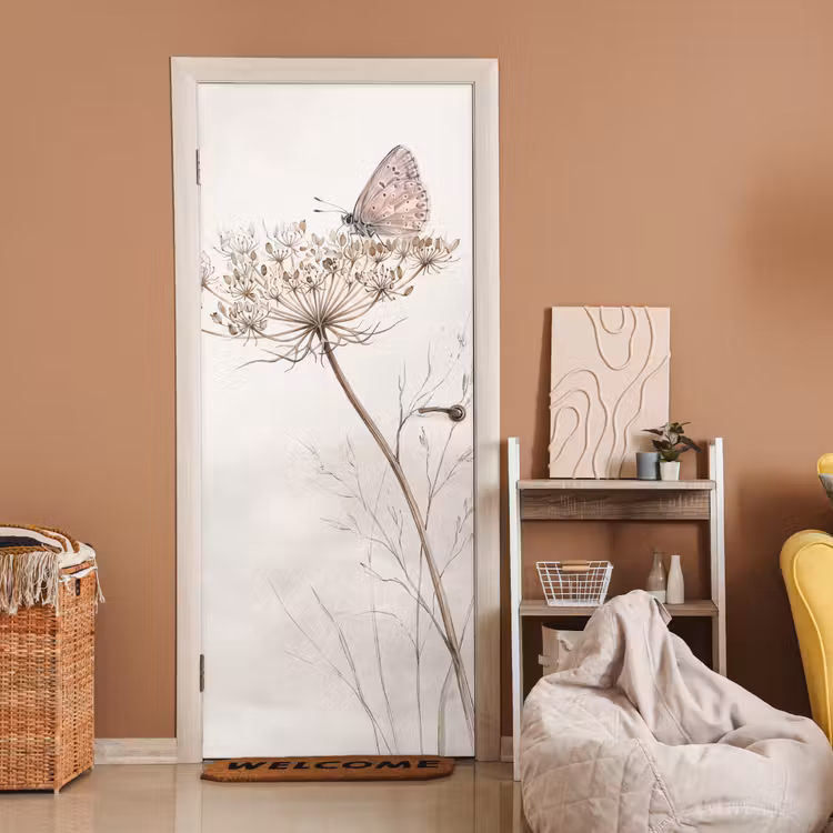 Deursticker - Vlinder - Bloem -Natuur - Beige — 2