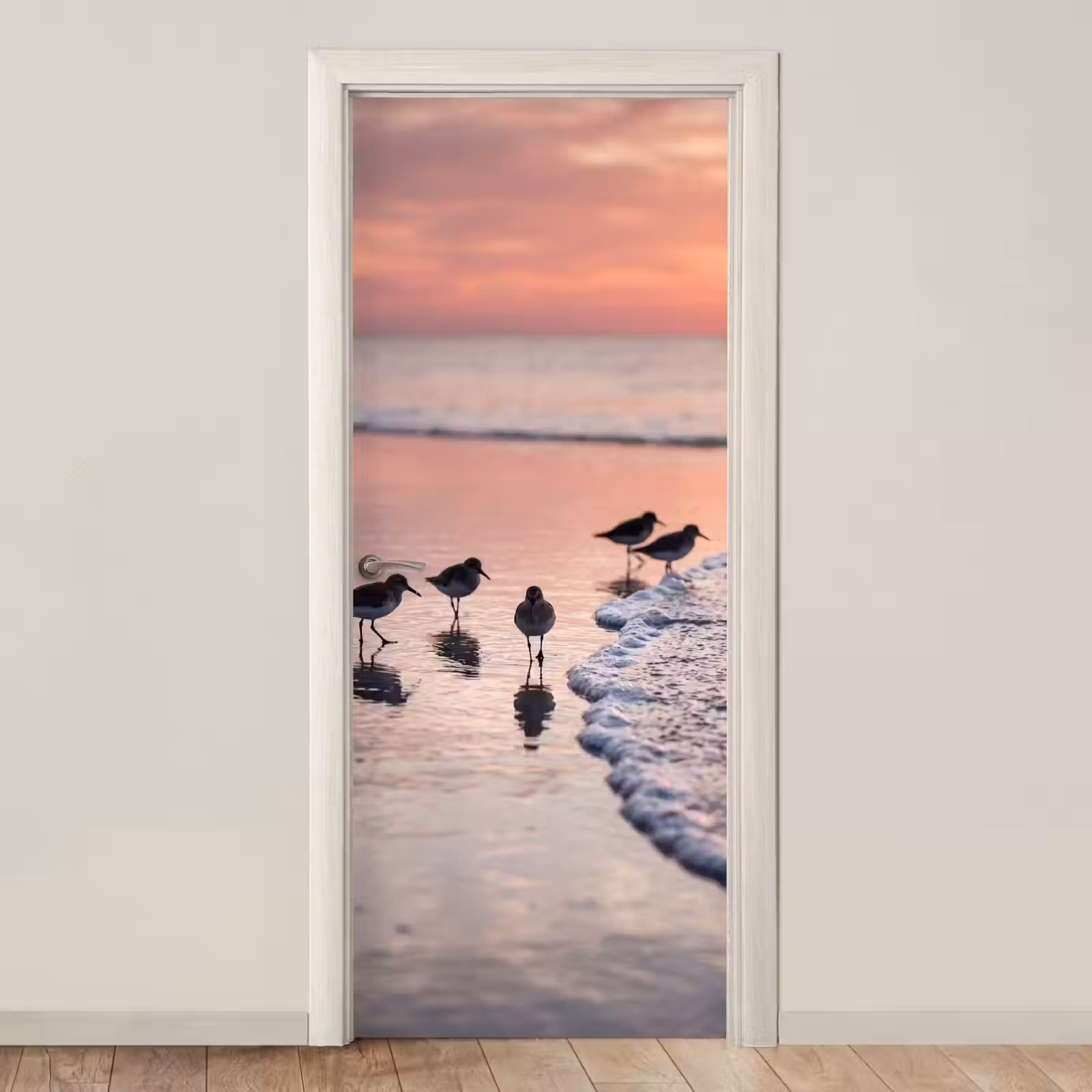 Deursticker - Meeuwen - Strand - Zee - Roze — 1