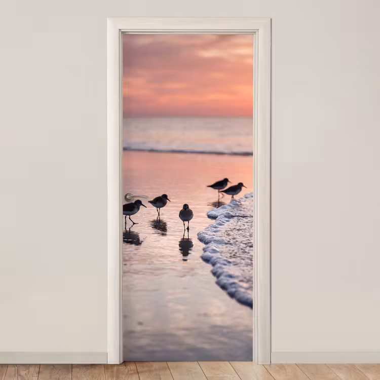 Deursticker - Meeuwen - Strand - Zee - Roze — 1