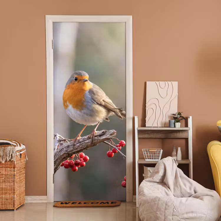 Deursticker - Roodborst - Tak - Bessen - Natuur — 2