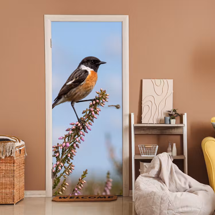 Deursticker - Roodborsttapuit - Heide - Paars - Natuur - Sfeervol — 2