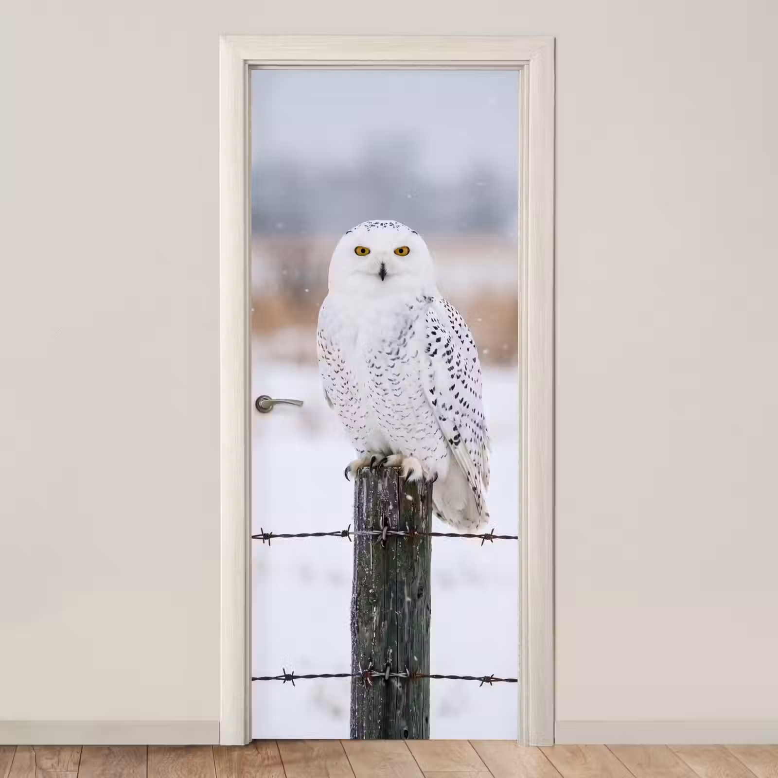 Deursticker - Sneeuwuil - Hek - Sneeuw - Wit — 1