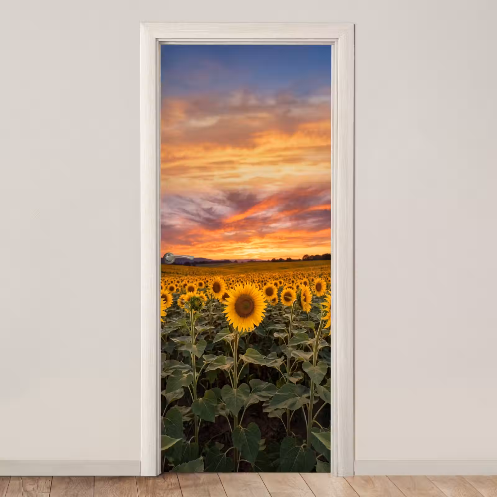 Deursticker - Zonnebloemen - Heuvellandschap - Geel — 1