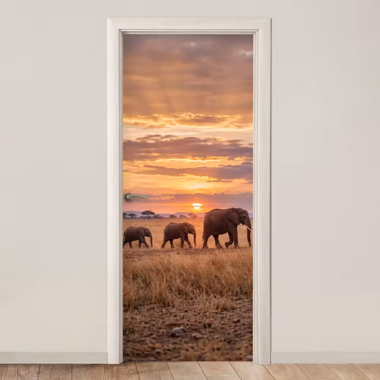 Deursticker - Olifanten - Savanne - Zonsondergang - Afrika - Warm — 1