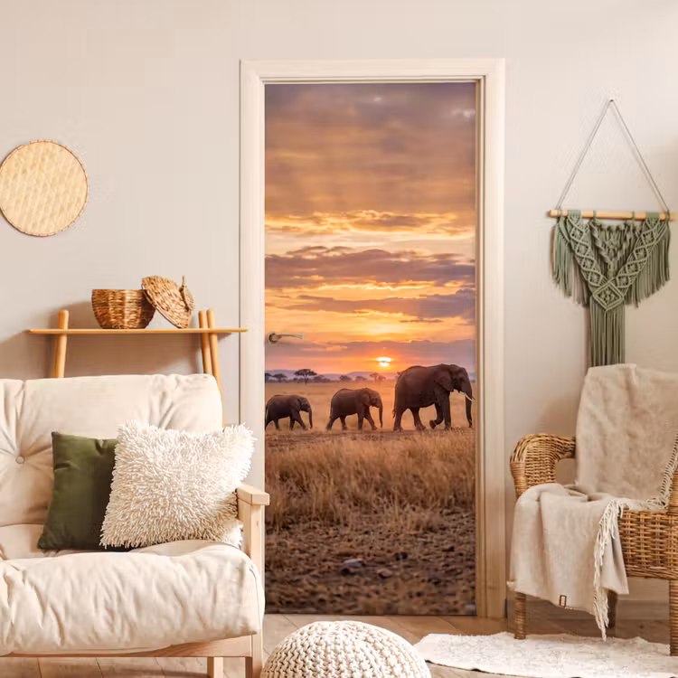 Deursticker - Olifanten - Savanne - Zonsondergang - Afrika - Warm — 4
