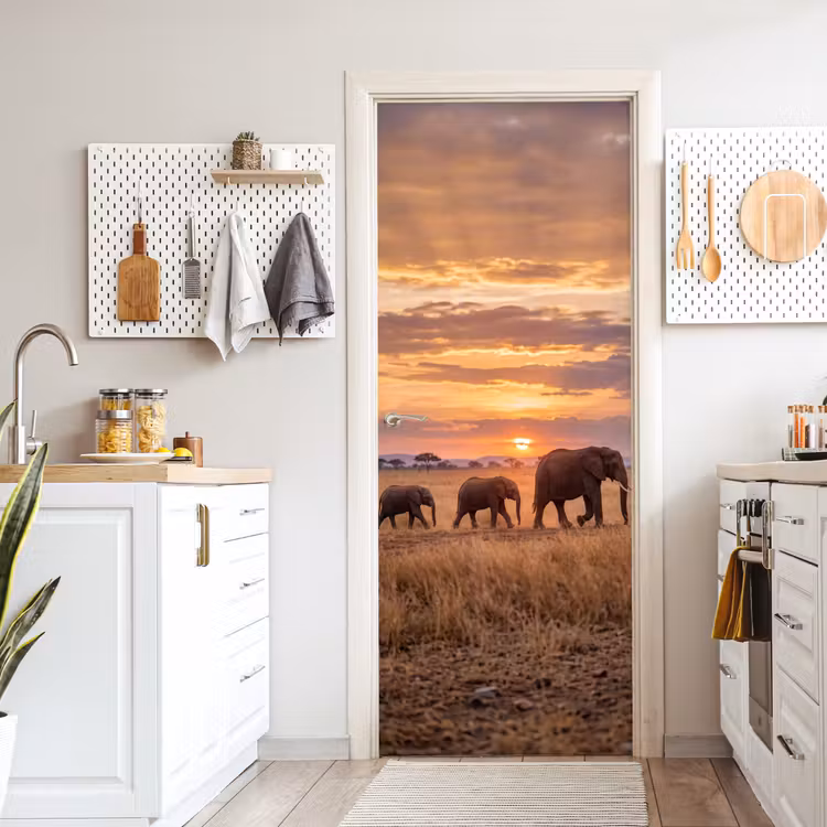 Deursticker - Olifanten - Savanne - Zonsondergang - Afrika - Warm — 7