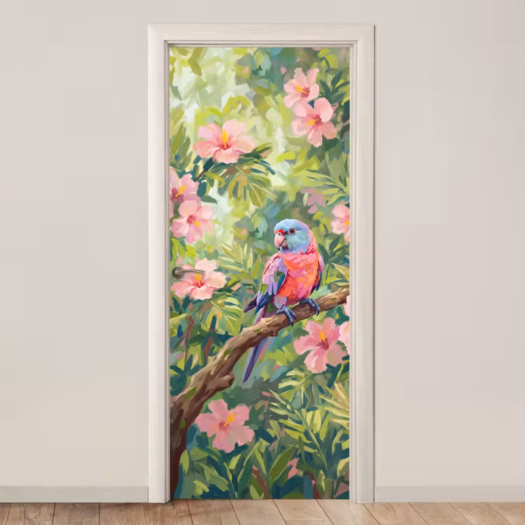 Deursticker - Papagaai - Hibiscusbloemen - Kleurrijk — 1