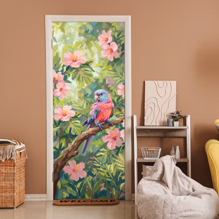 Deursticker - Papagaai - Hibiscusbloemen - Kleurrijk — 2