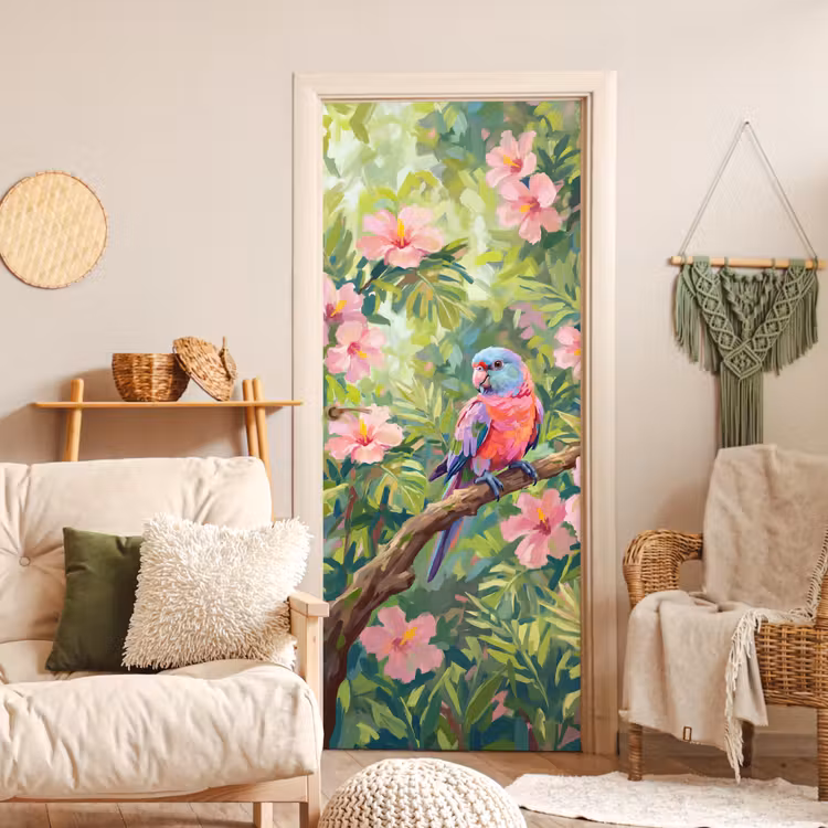Deursticker - Papagaai - Hibiscusbloemen - Kleurrijk — 4