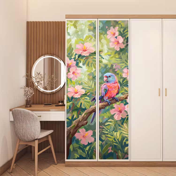 Deursticker - Papagaai - Hibiscusbloemen - Kleurrijk — 5
